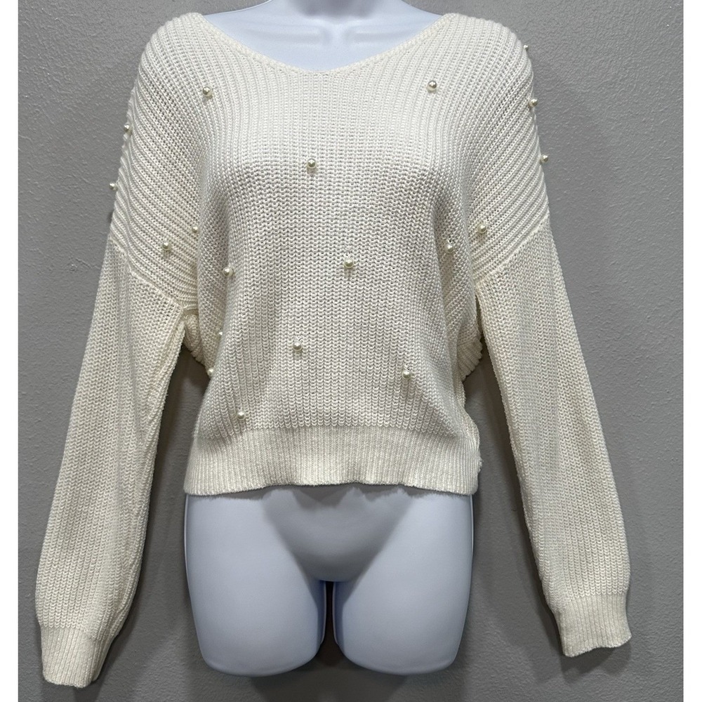 Jessica Simpson Sweater Women's Medium Ivory Back Crossed Faux Pearls Pull On